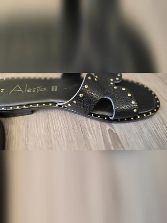 Italian Leather Studded Slide Sandals Black Minimal Luxe EU 41 US 10 - Picture 4 of 9